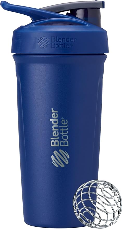 BlenderBottle Strada Shaker Cup Insulated Stainless Steel Water Bottle with Wire Whisk, 24-Ounce, Full Color Blue