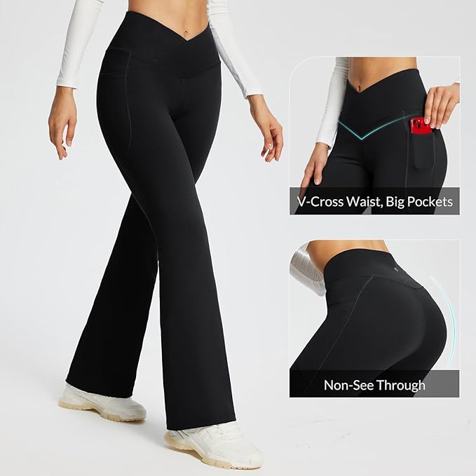 baleaf Women's V Crossover Flare Leggings with Pockets Yoga Pants High Waist Casual Workout Gym Bell Bottom Leggings
