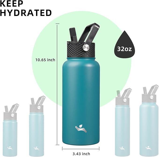 32 oz Insulated Water Bottle Stainless Steel Sport Bottles with 3 Lids,Light Blue