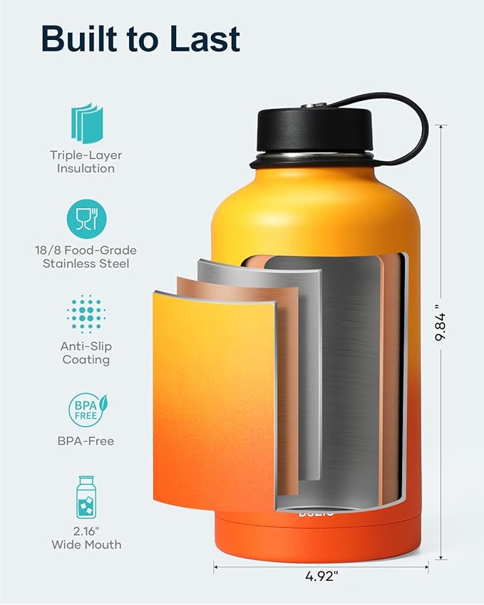 BUZIO 64oz Water Bottle, (Cold for 48 Hrs) Triple Wall Insulated Stainless Steel Leakproof Half gallon Jug/Flask with Straw Lid and Carry Bag for Sports Hiking, Camping, Yellow Orange