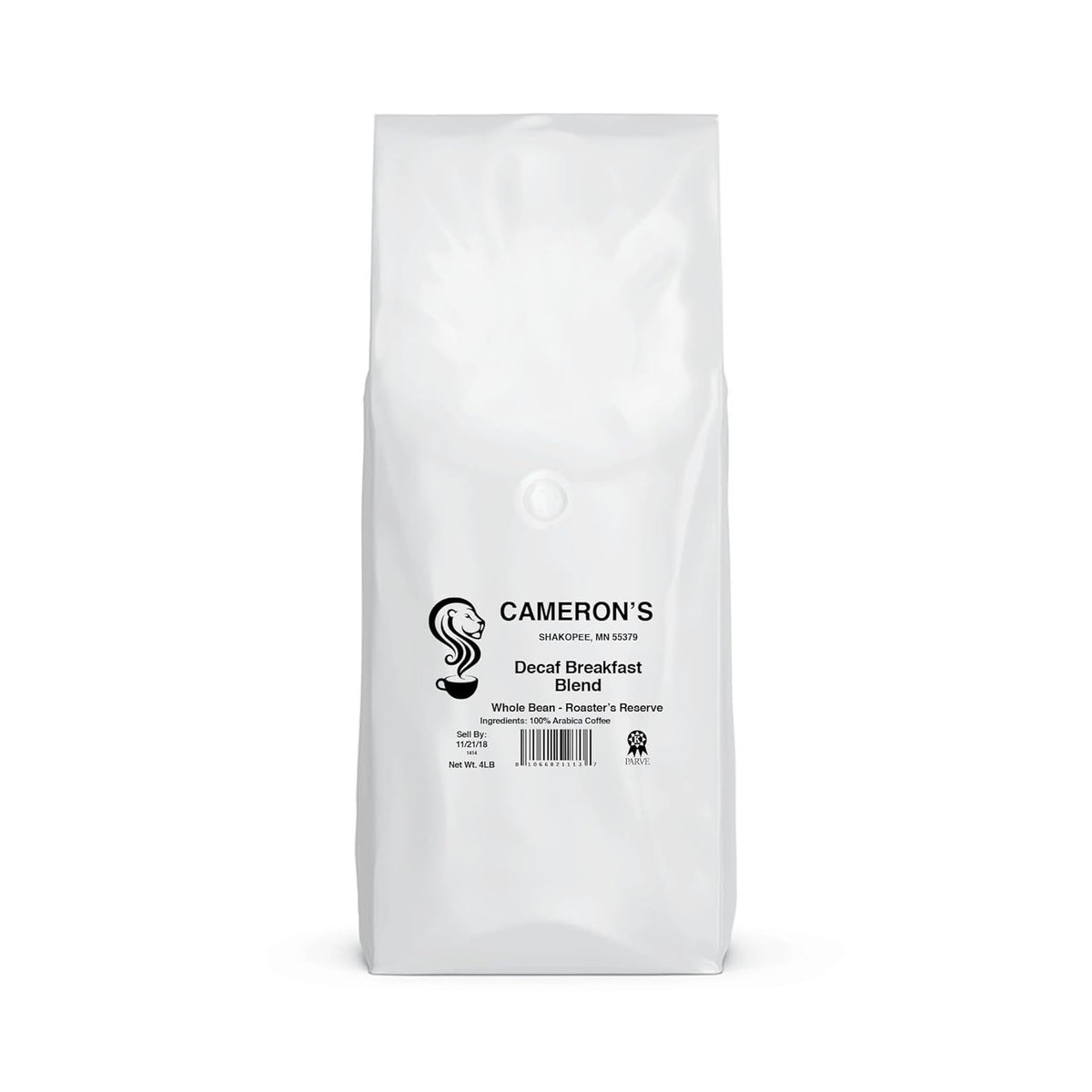 Cameron's Coffee Roasted Whole Bean Coffee, Decaf Breakfast Blend, 4 Pound