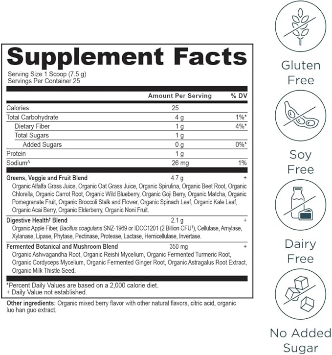 Ancient Nutrition SuperGreens Powder with Probiotics, Organic Berry Flavor Greens, Made from Real Fruits, Vegetables and Herbs, Digestive and Energy Support, 25 Servings, 6.7oz