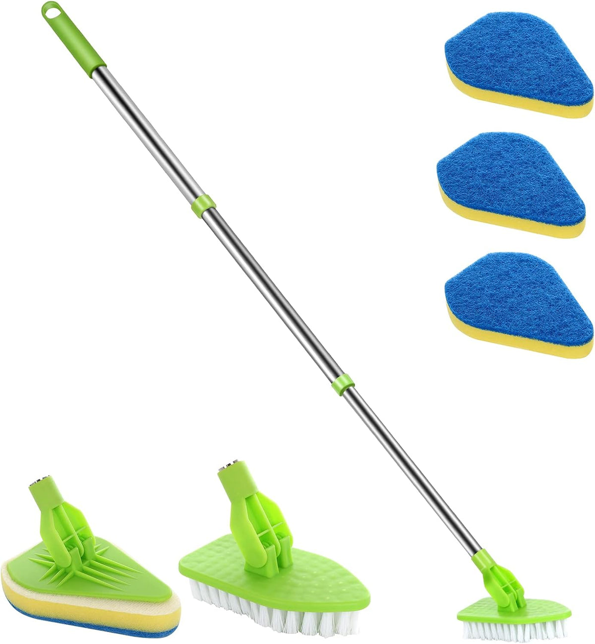 Scrub Cleaning Brush with Long Handle 35'' - Extendable Floor Scrubber with 1 Stiff Bristles & 3 Sponge Brush, Adjustable Lightweigh Detachable Kitchen Brush for Baseboard Shower Bathroom Bathtub Tile