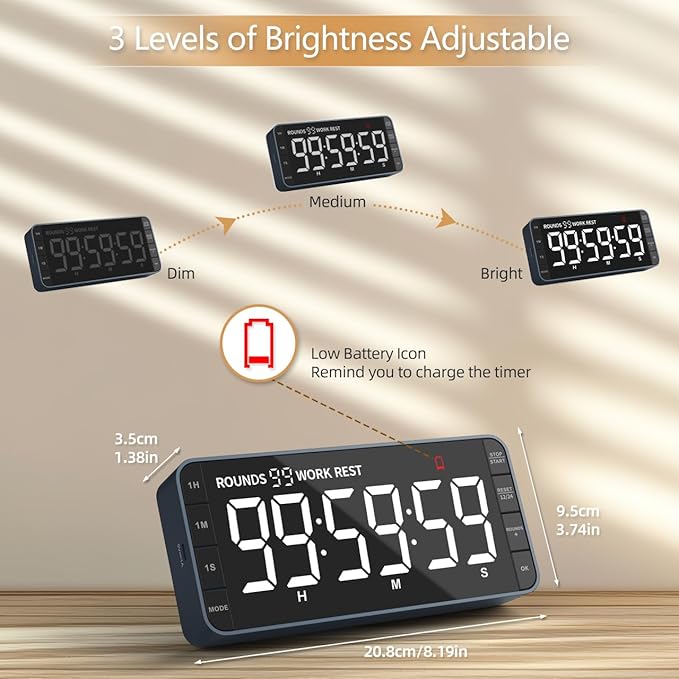 7.8'' Extra Large LED Kitchen Timer: 99H Countdown Countup with 3 Brightness, 5 Alarms & 4 Volume Levels, Magnetic Rechargeable Timer for Cooking, Classroom, Home Gym