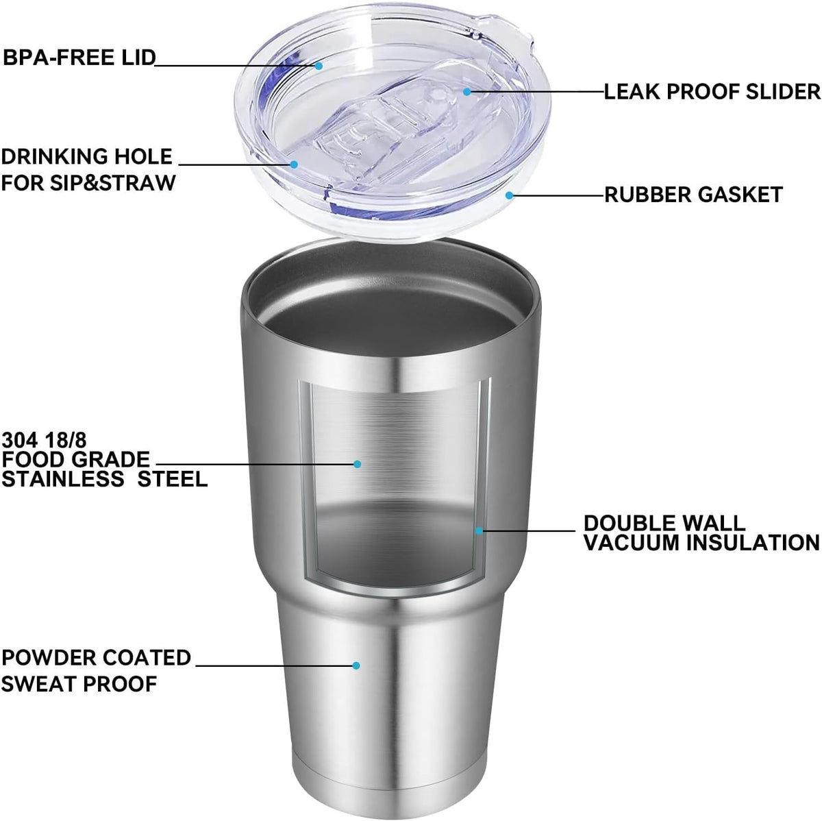DOMICARE 30 oz Tumbler with Lid and Straw, Stainless Steel Tumblers Bulk, Insulated Vacuum Double Wall Travel Coffee Mug, Durable Powder Coated Tumbler Cups (Stainless Steel, 12)