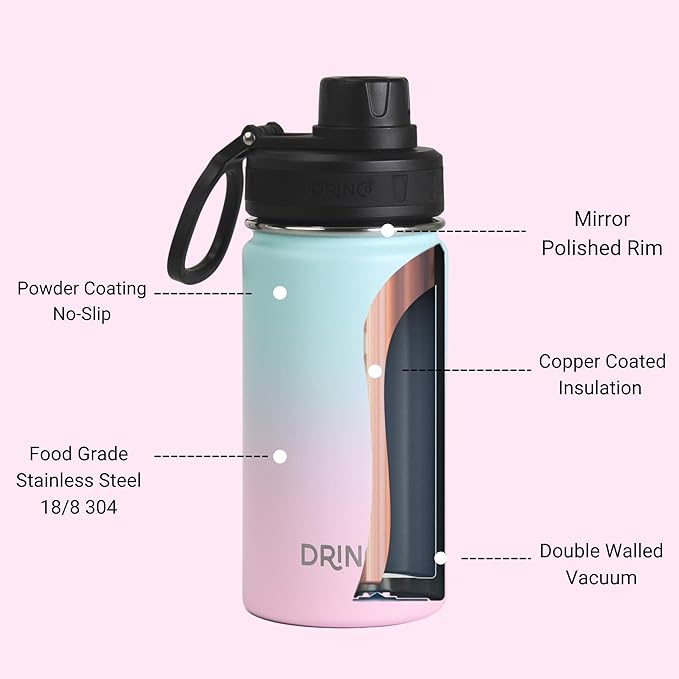 DRINCO Stainless Steel Water Bottle Spout Lid Vacuum Insulated Double Wall Water Bottle Wide Mouth (40oz 32oz 22oz 18oz 14oz) Leak Proof Keeps Cold or Hot (14 oz, 14oz Macaron)