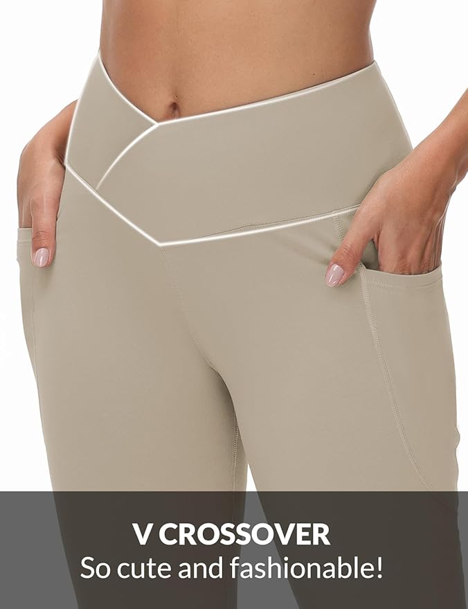 baleaf Women's V Crossover Flare Leggings with Pockets Yoga Pants High Waist Casual Workout Gym Bell Bottom Leggings