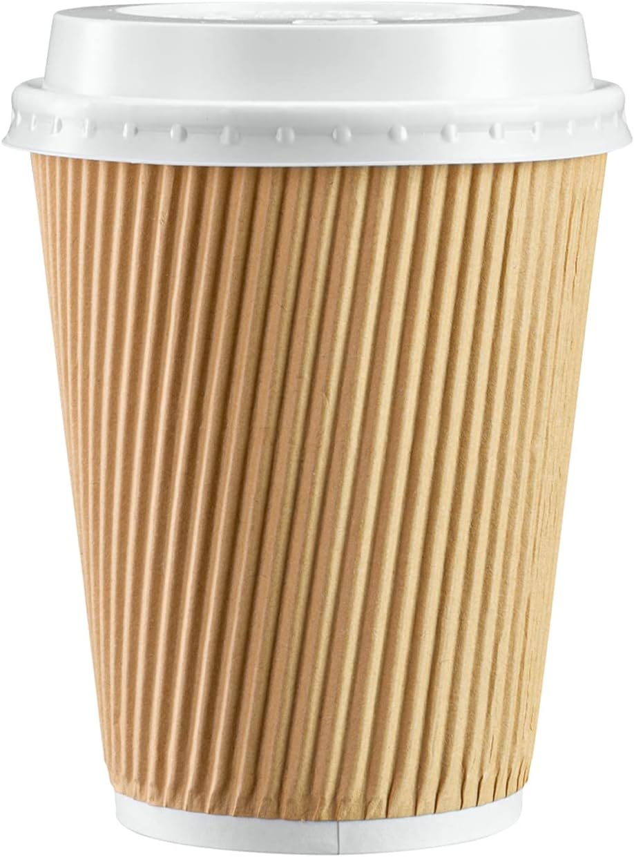 GUSTO [12 oz. - 500 Count Insulated Kraft Ripple Paper Hot Cups, Disposable Coffee Cups With Lids - Ideal for Hot Beverages, Travel, and Office Use (Formerly Comfy Package)