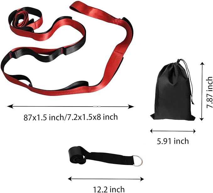 Gradient Fitness Therapy Stretching Belt, 12 Circle Multi Ring Stretching Belt (1.5 inches wide x 86.6 inches long), Therapy Equipment, Yoga Stretcher Strap,Leg Stretcher. Equipped with arch foot pads and pointed massage balls(RED)