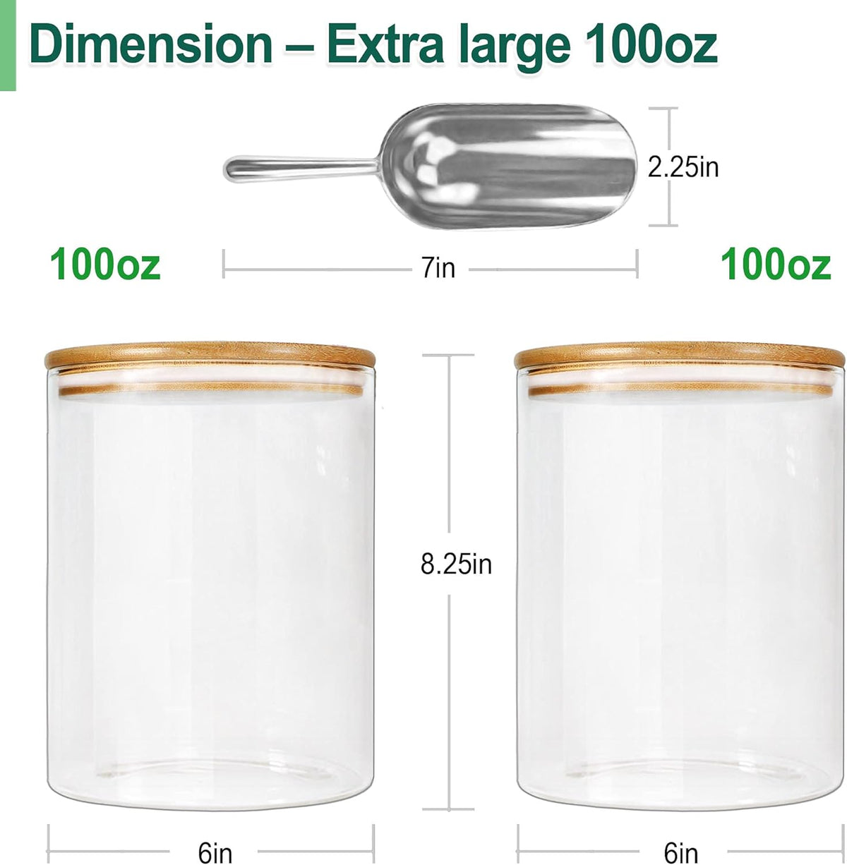 Urban Green Glass Jar with Bamboo Lids (2 sets 100oz) with Metal Scoop, Food Storage Containers with Airtight Lids, Glass Canisters sets, Flour Container Jar