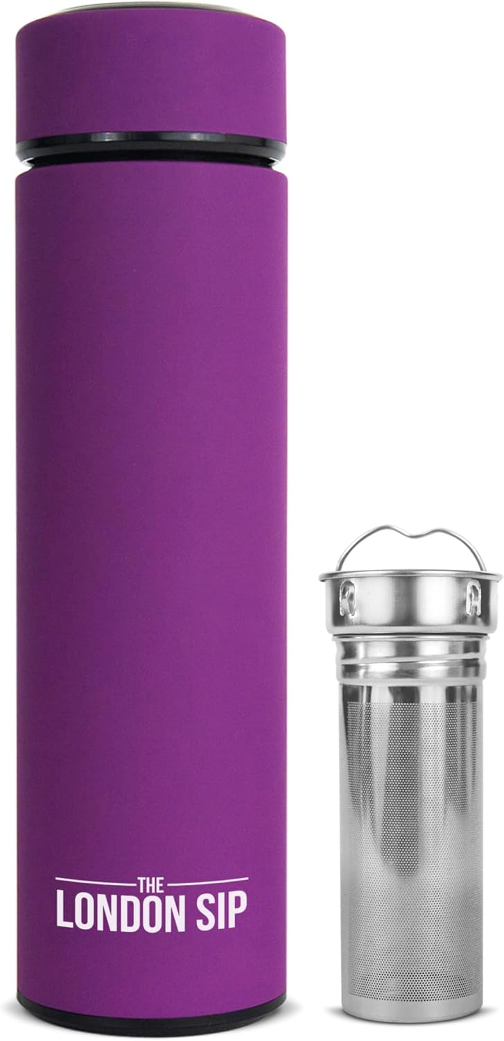 London Sip Multi-Purpose Travel Mug and Tumbler Fruit Infused Flask Hot and Cold Double Wall Stainless Steel Thermos with Extra-Long Infuser, Purple