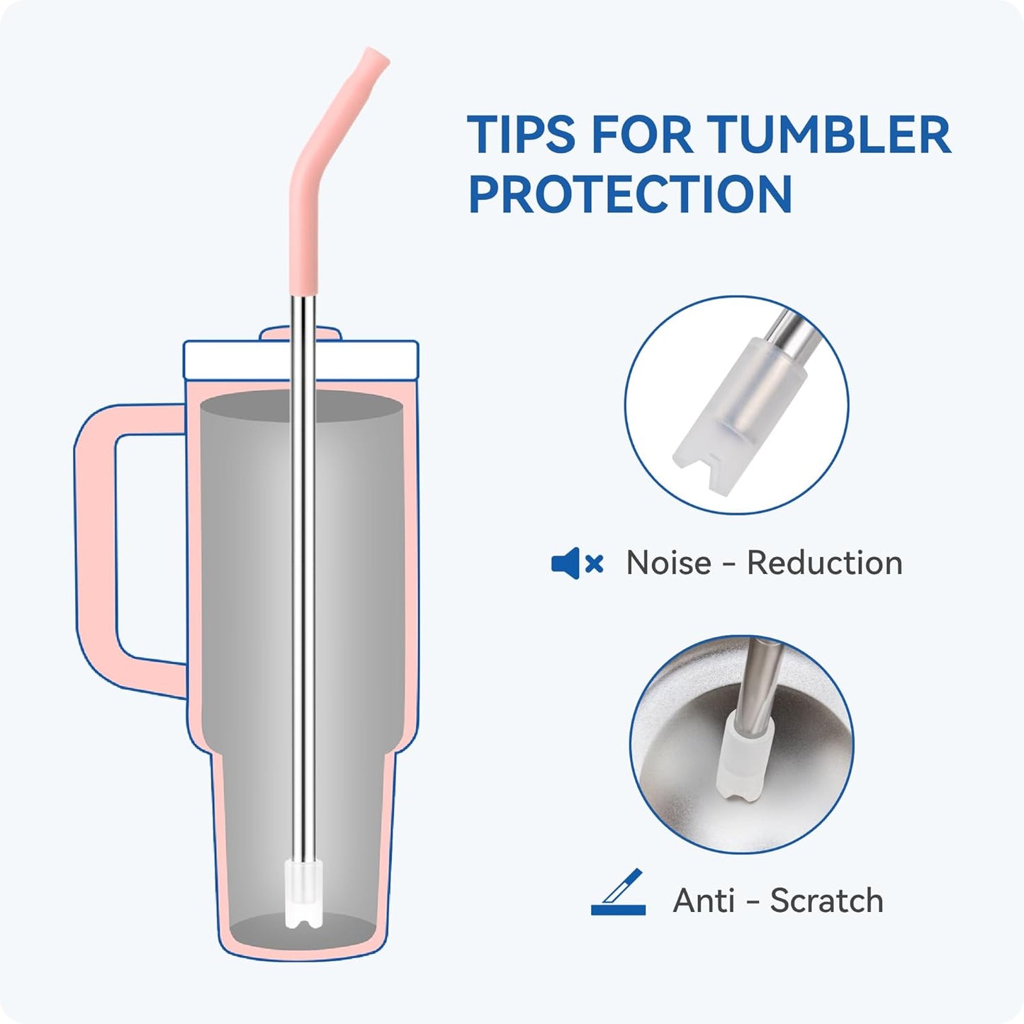 Reusable Metal Straws with Silicone Tip for Stanley 30oz,Stainless Steel Drinking Straws for 30oz Tumbler,3 Straight Tubes & 6 Tips& 1 Cleanr Brush (Rose Quartz)