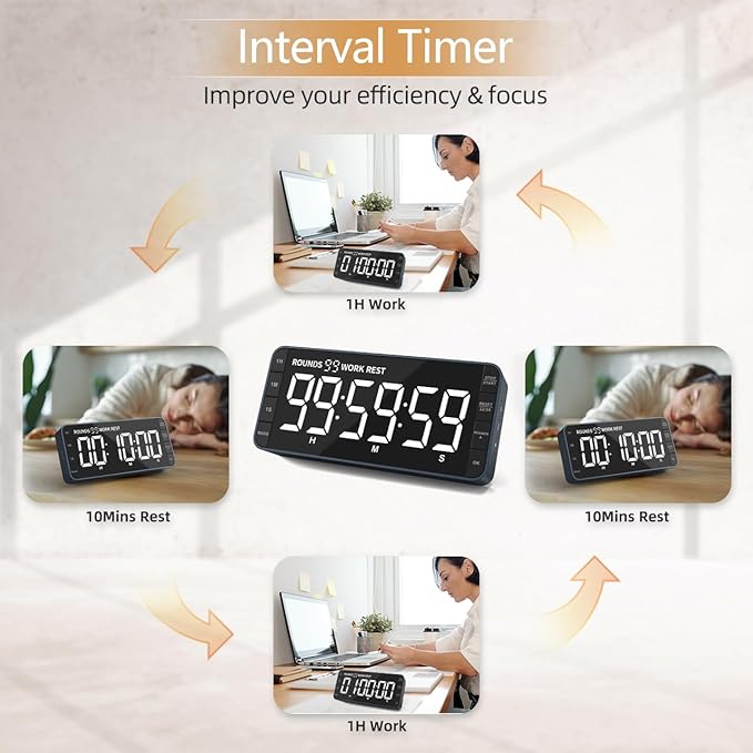 7.8'' Extra Large LED Kitchen Timer: 99H Countdown Countup with 3 Brightness, 5 Alarms & 4 Volume Levels, Magnetic Rechargeable Timer for Cooking, Classroom, Home Gym