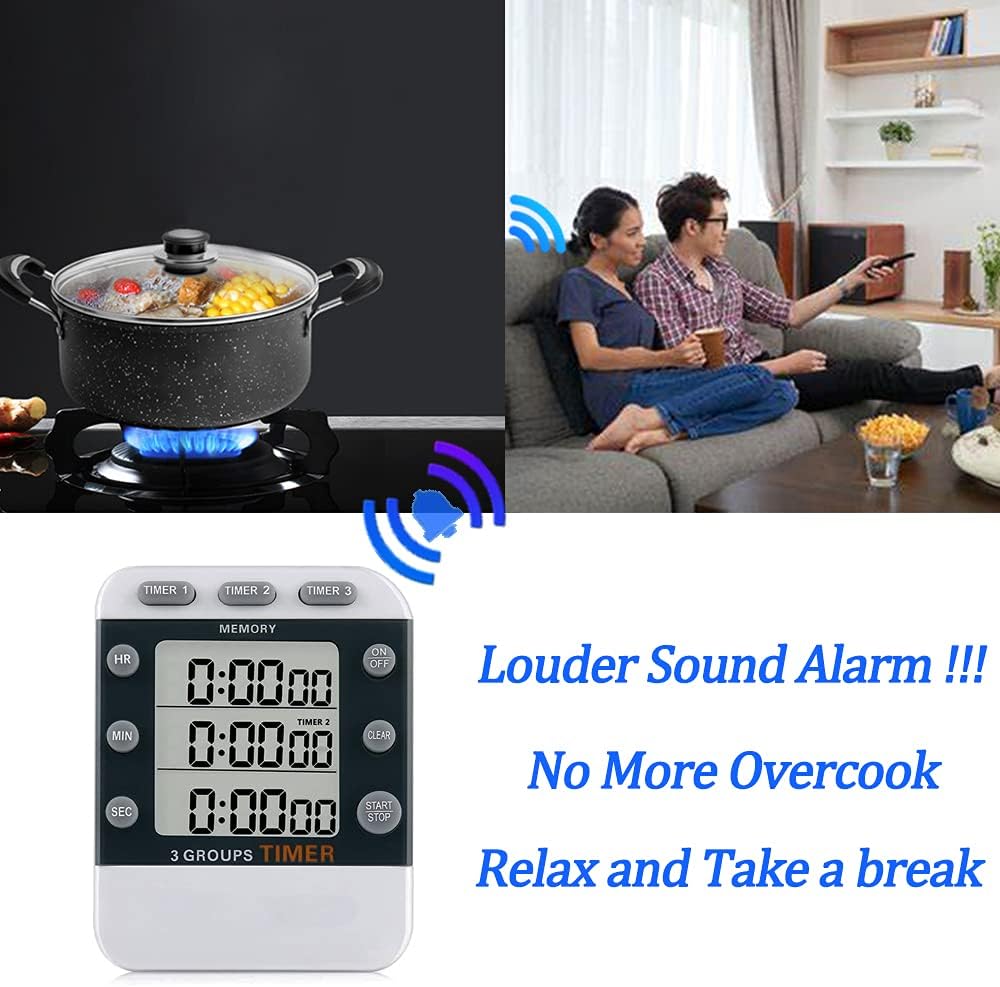 Digital Dual Kitchen Timer for Cooking, 3 Channels Count Down/up Triple Multi Timers for Food, Magnetic Memory-Preset Large-Display Adjustable Alarm Volume, 3A Battery Included