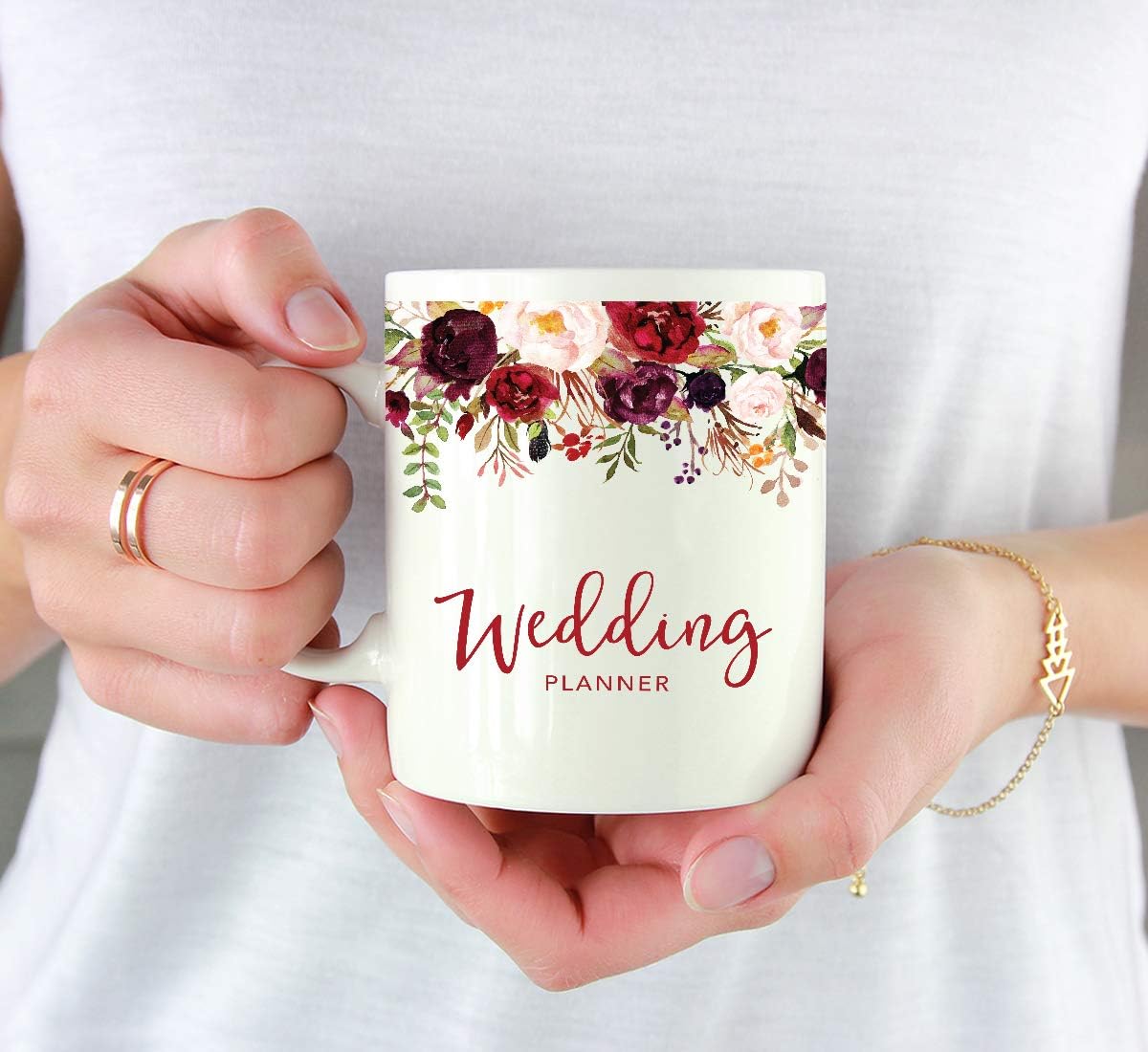 Andaz Press 11oz. Wedding Ceramic Coffee Tea Mug Gift, Fall Autumn Marsala Burgundy Flowers Roses Florals, Wedding Planner, 1-Pack, Includes Gift Box