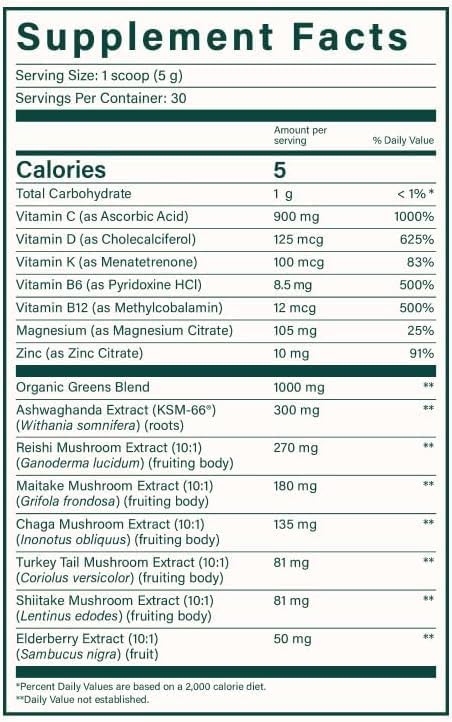 Beam Greens Powder, Superfood Supplement for Gut Health, Vegan Organic Blend with Ashwagandha, Vitamin C, B12, B6, D, Non-GMO Daily Detox & Immune Support, Strawberry Kiwi Flavor, 15 Servings