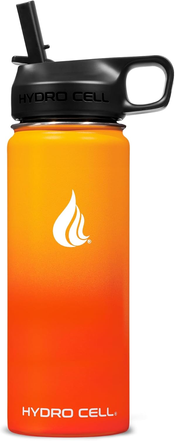 HYDRO CELL Stainless Steel Insulated Water Bottle with Straw - For Cold & Hot Drinks - Metal Vacuum Flask with Screw Cap and Modern Leakproof Sport Thermos for Adults (Red/Orange 18oz)