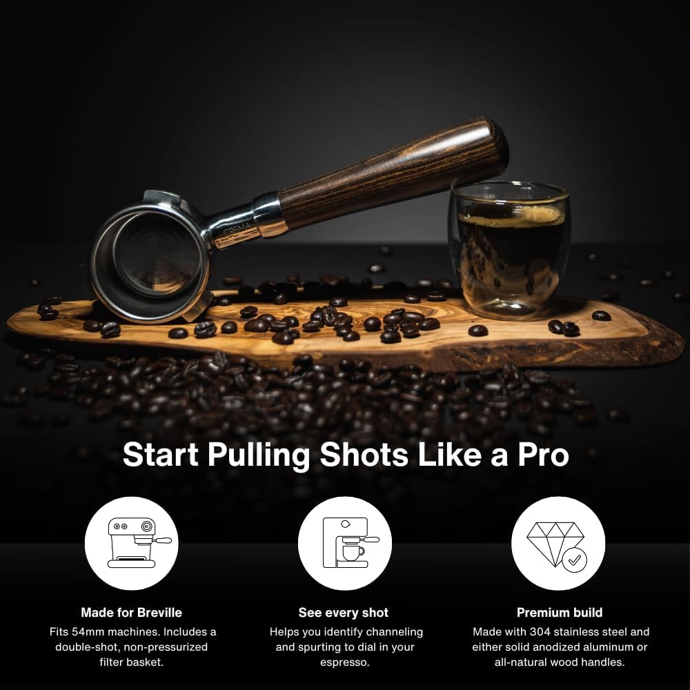 Crema Coffee Products 54mm Bottomless Naked Portafilter | Compatible with 54mm Breville Machines | Includes Double Shot Filter Basket | Sandalwood