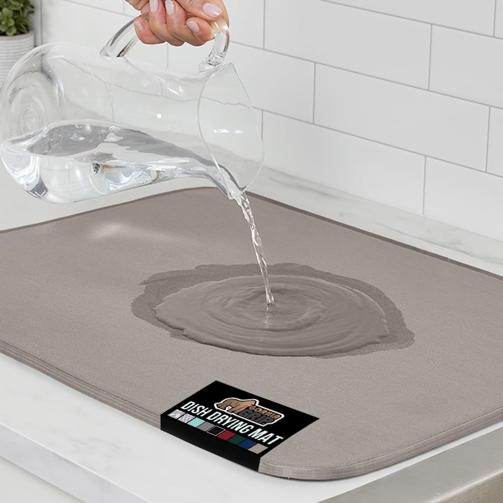 GORILLA GRIP Ultra Water Absorbent Microfiber Dish Drying Mat, 18x24, Quick Dry Thick Mesh, Slip Resistant Pad for Sink Dishes or Under Rack, Kitchen Counter Accessories, Machine Wash Mats, Almond