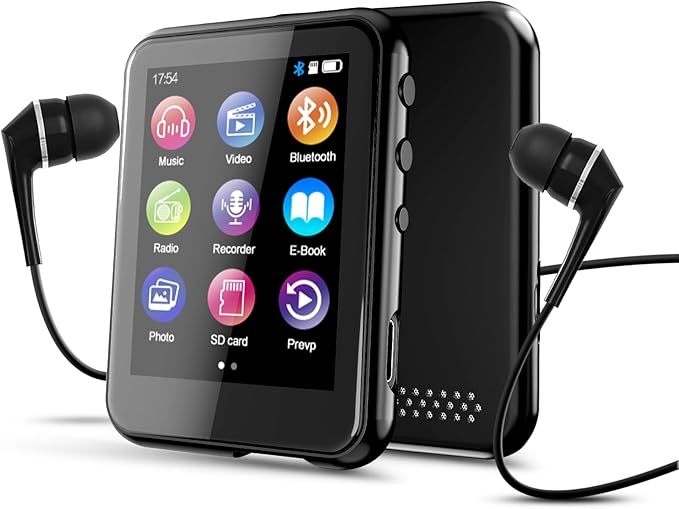 64GB MP3 Player with Bluetooth 5.3, QNGEE 2.4 inch Full Touchscreen Music MP3 for Kids, FM Radio, Voice Recorder, HiFi Sound, E-Book, Earphones Included