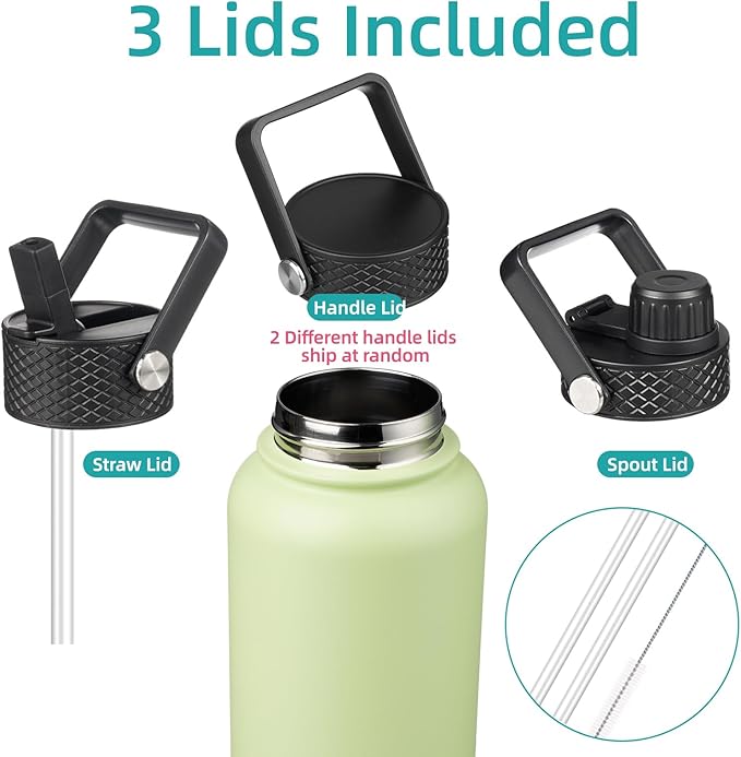 40oz Insulated Water Bottle Stainless Steel Sport Bottles with 3 Lids,Macaron Green