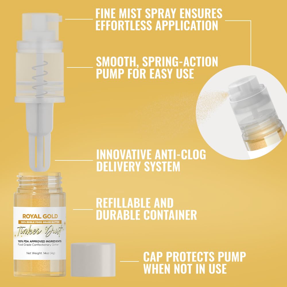 Bakell - Royal Gold Tinker Dust (4g, 1x Mini Spray Pump) Edible Glitter for Food, Desserts, and Beverages!