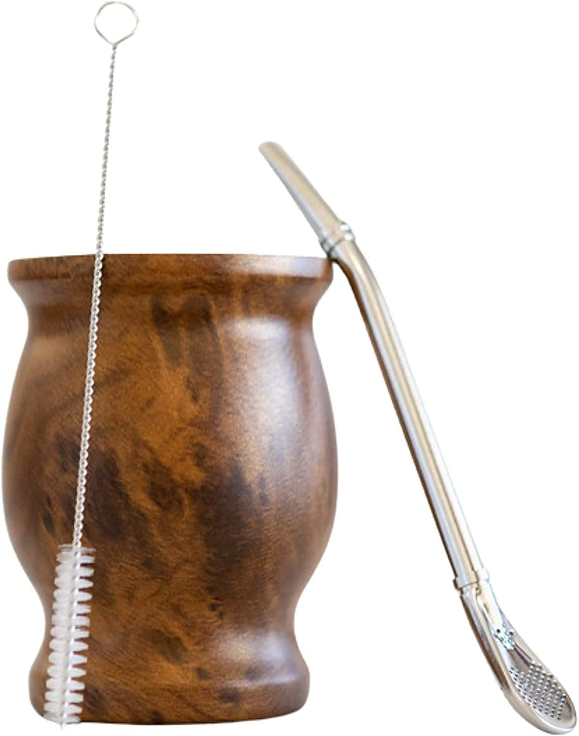 LA FEE Yerba Mate Natural Gourd/Tea Cup Set Brown (Original Traditional Mate Cup - 8 Ounces)，Includes Yerba Mate Straw & Cleaning Brush，Stainless Steel | Double-Walled | Easy to Clean (Brown)