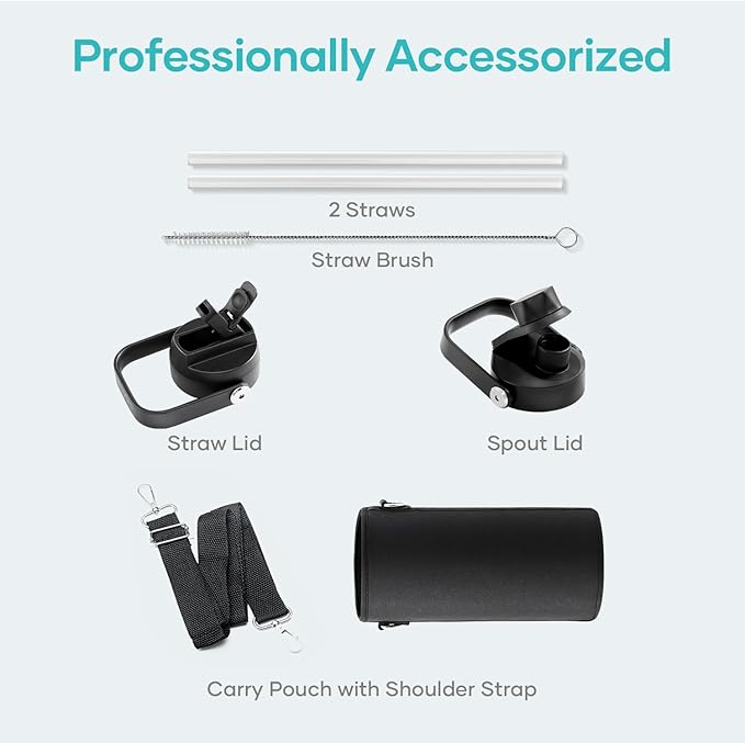 BUZIO Water Bottle with Straw Lid and Flex Cap, 32oz Modern Double Vacuum Stainless Steel Water Flask, Cold for 48 Hrs Hot for 24 Hrs Simple Thermo Canteen Mug, Indigo Black