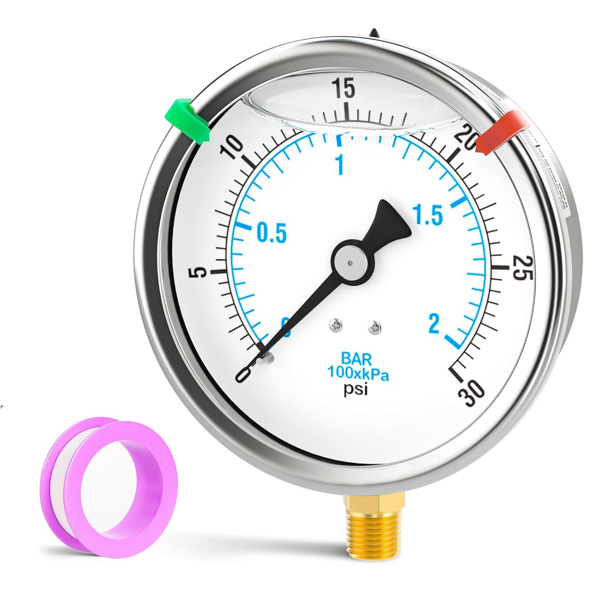 0-30PSI Stainless Steel Liquid Filled Pressure Gauge, 4" Dial Size, 1/4" NPT Lower Mount, for Tube, Water Pump, Gas, Liquid, Pressure Test (with Range Mark Pointer)