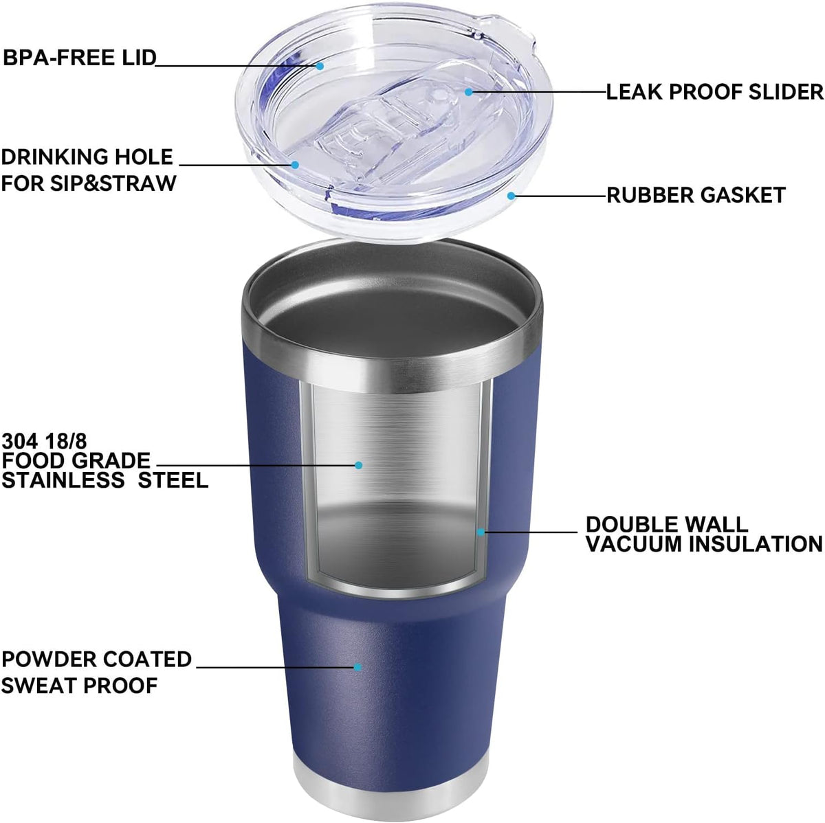 DOMICARE 30 oz Tumbler with Lid and Straw, Stainless Steel Tumblers Bulk, Insulated Vacuum Double Wall Travel Coffee Mug, Durable Powder Coated Tumbler Cups (Navy, 12)