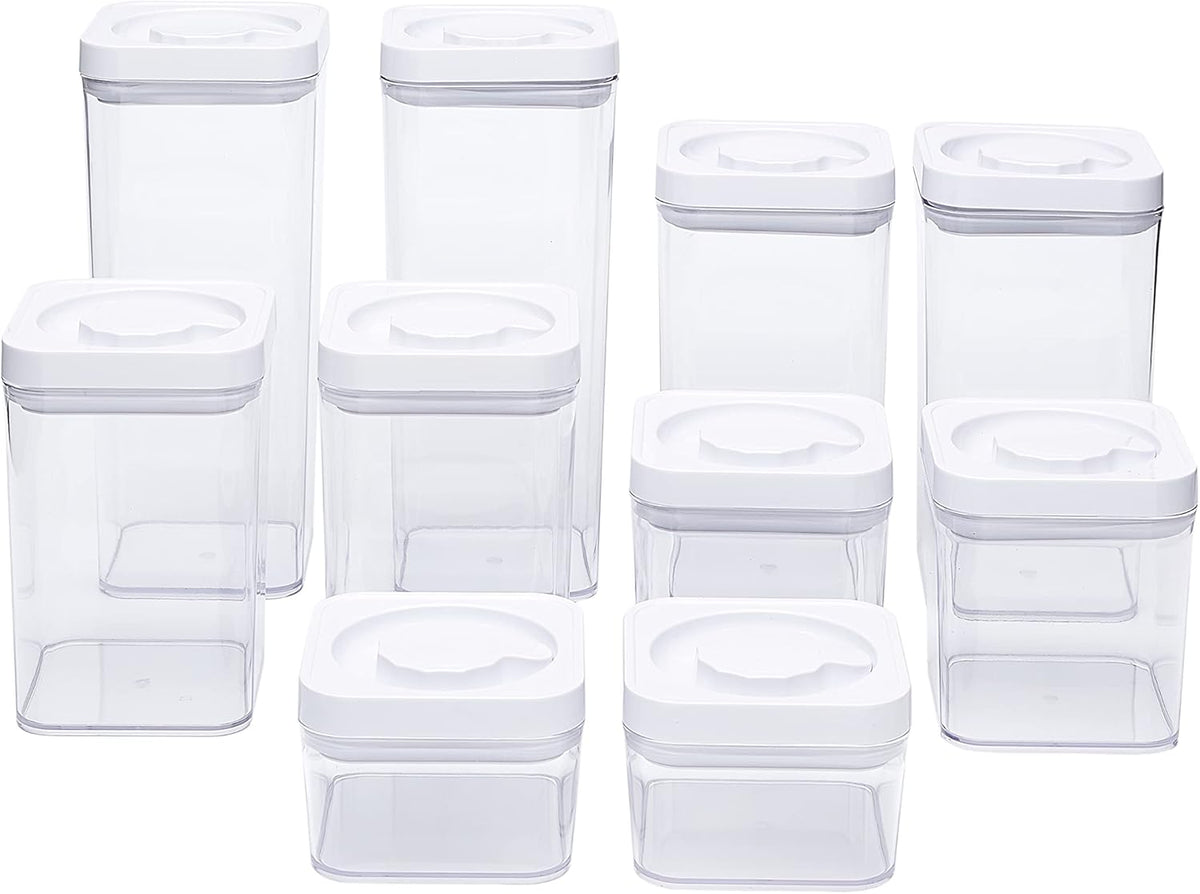 Amazon Basics Airtight Food Storage Containers, BPA Free, with Twist/Turn Lids, for Kitchen Pantry Organization, 10-Piece Square Set, Clear Plastic