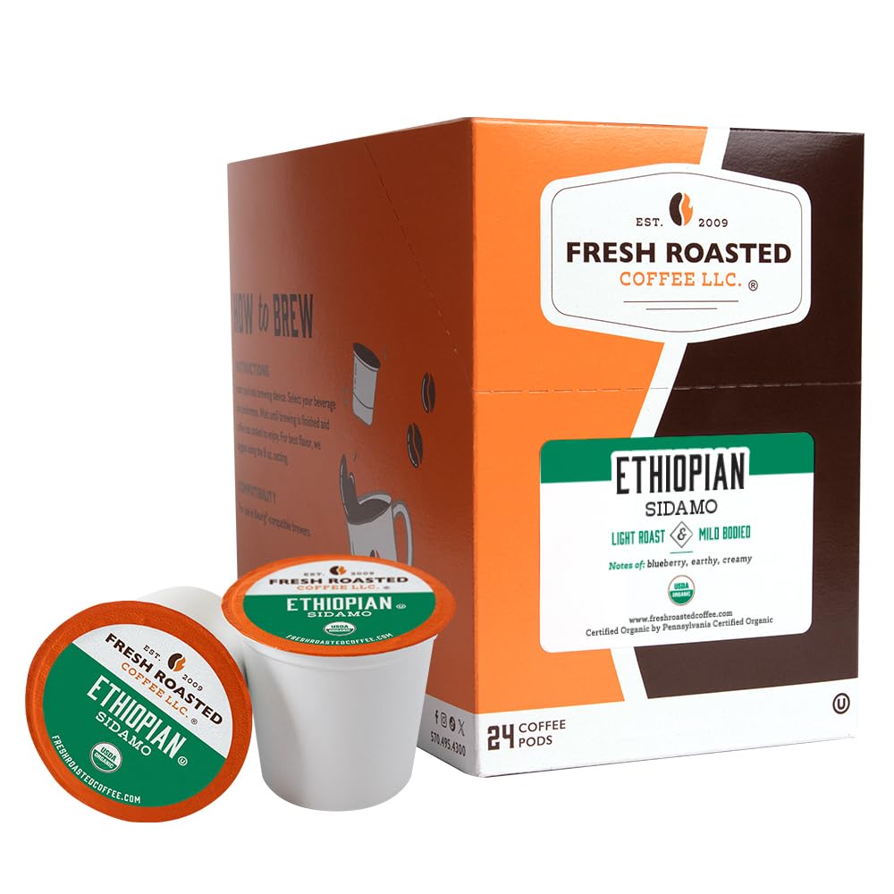 Fresh Roasted Coffee, Organic Ethiopian Sidamo | Fair Trade, USDA Organic, 100% Single Origin, Kosher | Light Roast 24 Pods for K Cup Brewers
