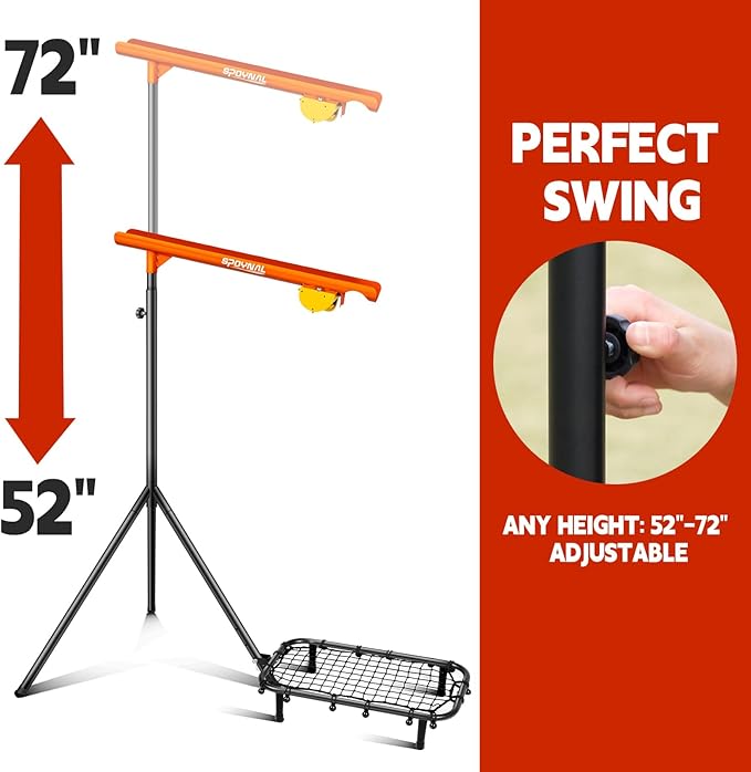 Baseball Auto Soft Toss Trainer with Rebound Net - Adjustable Height 52"-72", 8-Ball Capacity, 6/8/10s Auto-Drop, Rebound Net & Carry Bag - for Baseball & Softball Training Equipment