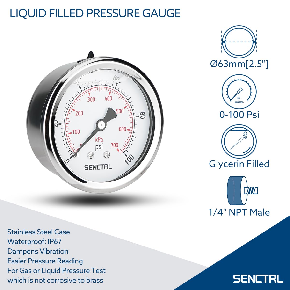 SENCTRL 0-100 Psi Glycerin Liquid Filled Low Pressure Gauge, 2.5" Dial Size, 1/4" NPT Back Mount, Stainless Steel Case, for Water Pump, Pneumatic Air, Well, RV Hose Tank, Pressure Test