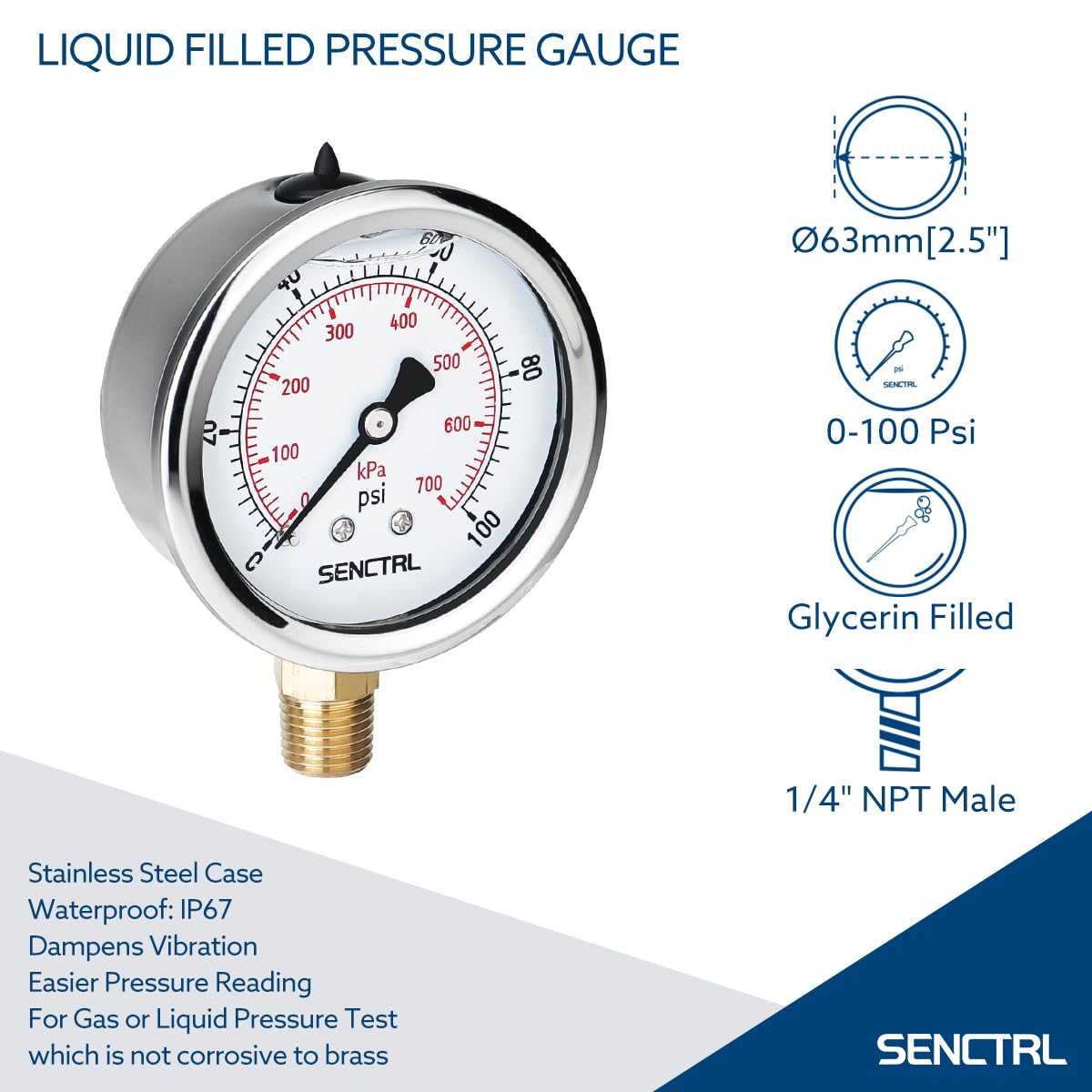 SENCTRL 0-100 Psi Glycerin Liquid Filled Low Pressure Gauge, 2.5" Dial Size, 1/4" NPT Lower Mount, Stainless Steel Case, for Water Pump, Pneumatic Air, Well, RV Hose, Tank, Gas Pressure Test