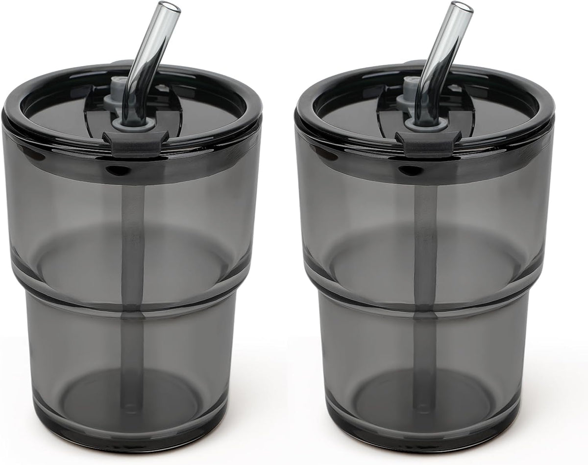 13 oz Glass Tumbler with Glass Straw and Lid, Leak-Proof Reusable Travel Cup for Iced Coffee, Tea, Matcha, Fruit Juice – Thick Wall Clear Water Bottle (Gray, 2 Pack)