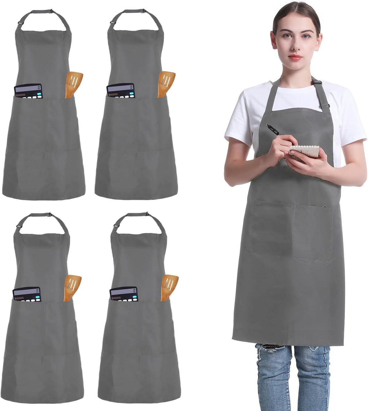 4 Pack Chef Apron, Adjustable Apron with 2 Pockets, Unisex Personalised Apron for Cooking, Kitchen, Restaurant