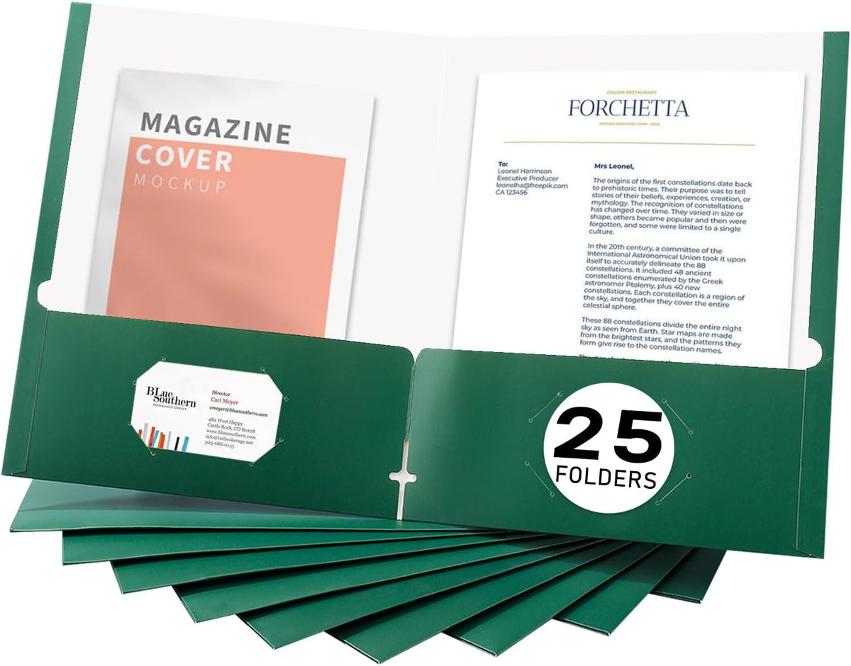 Zzrywuty File Folders with Pockets Letter Size, 25-Pack Paper Folders with Card Slot, Two Pocket Folders for School Students, Businessmen, Home and Office Workers（Dark Green）