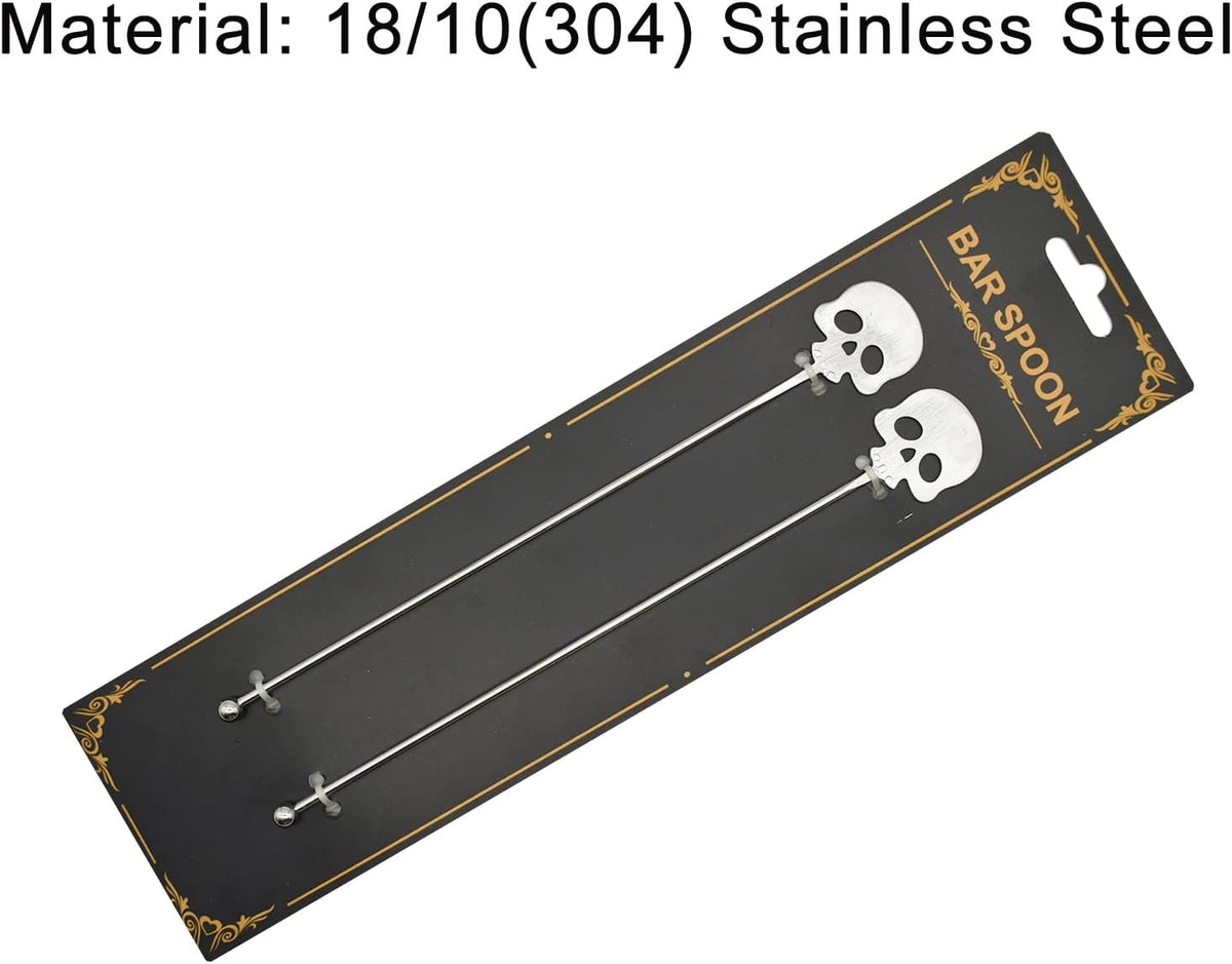 2Pcs Skull Swizzle Sticks 8.7inch Coffee Stirrers Reuseable 18/10(304) Stainless Steel Beverage Cocktail Stirrer for Bar Halloween Party Mixing Drinks