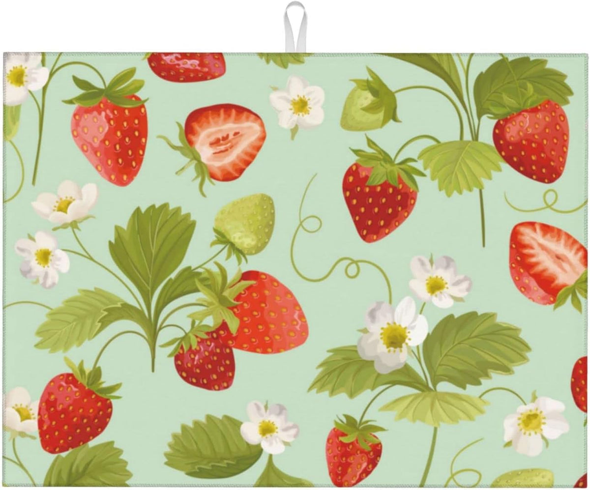 Large Dish Drying Mats For Kitchen Counter Microfiber Kitchen Drying Mat XL Draining Pad Absorbent Quick Drying Dish Mat 18x24 Inch - Strawberry