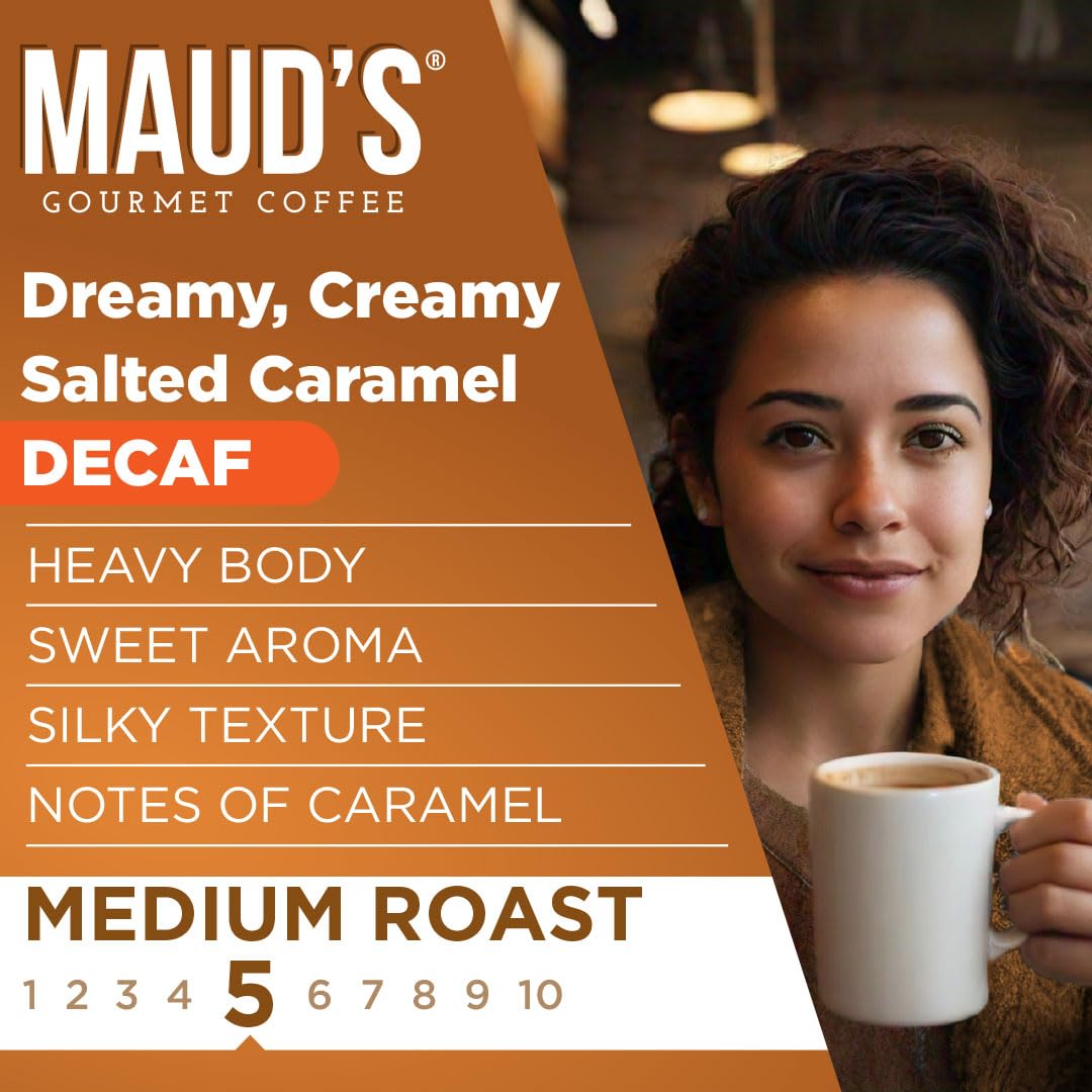 Maud's Decaf Salted Caramel Flavored Coffee Pods, 18 ct, Decaffeinated Medium Roast Flavored Coffee in Recyclable Single Serve Pods – 100% Arabica Beans, Compatible with Keurig K Cups Maker