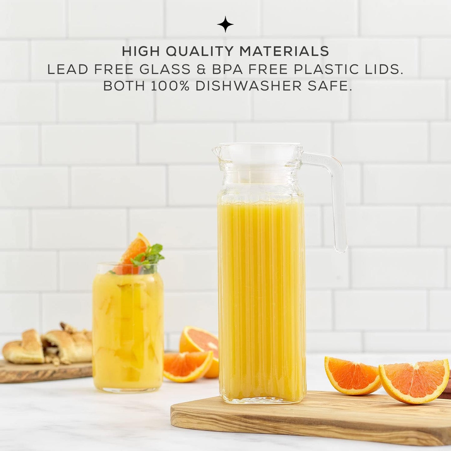 40oz Glass Pitcher with Lid (2 Lids) - Beverage Serveware, Storage Container and Carafe for Cold Drinks and Liquids. Glass Water Pitcher also for Juice, Bedside Carafe, Sun Tea Jar