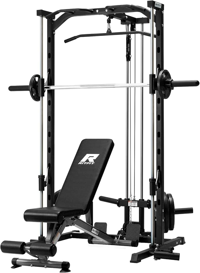 RitFit Smith Machine Power Rack with LAT-Pull Down System, Landmine, Barbell Bar, Plate Storage Pegs and More Training Attachment