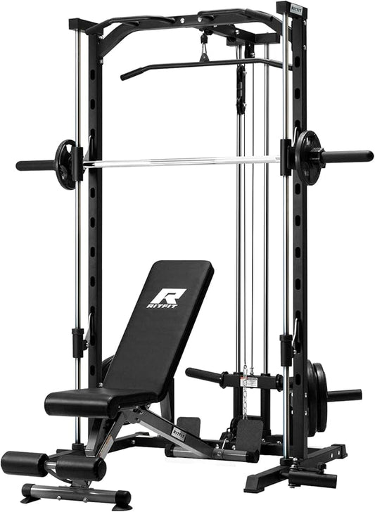 RitFit Smith Machine Power Rack with LAT-Pull Down System, Landmine, Barbell Bar, Plate Storage Pegs and More Training Attachment