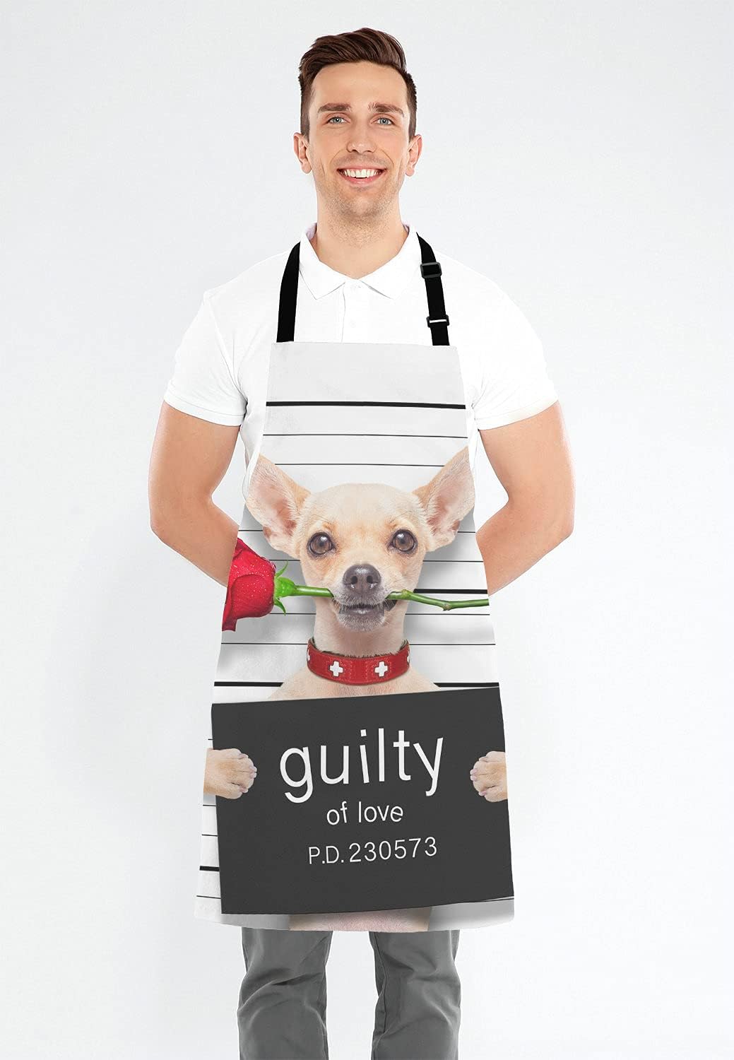 Cute Chihuahua Dog with Rose Bib Apron with Adjustable Neck for Men Women,Suitable for Home Kitchen Cooking Waitress Chef Grill Bistro Baking BBQ Cobbler Apron
