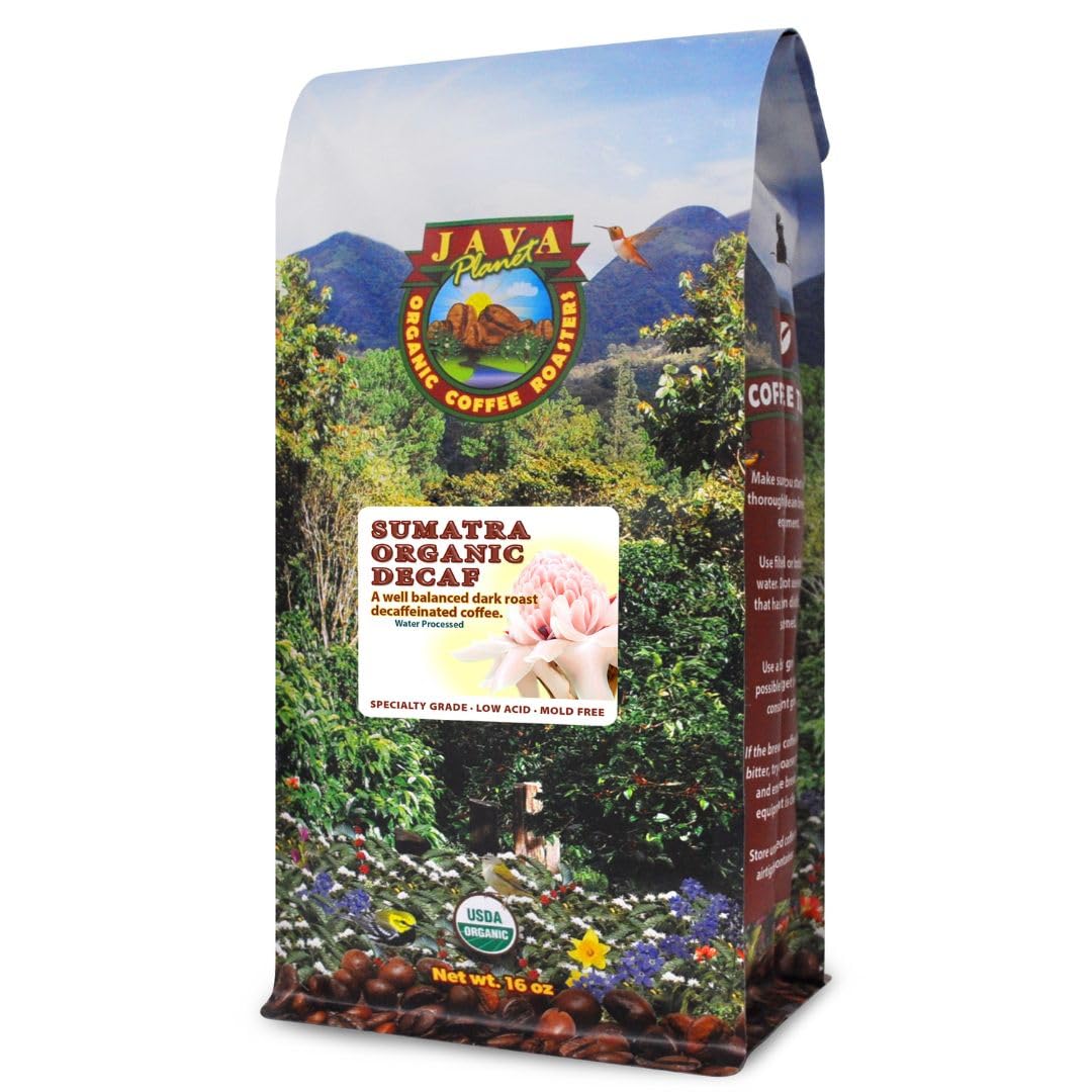 Low Acid Organic Coffee – Whole Bean, Mold-Free & Stomach Friendly by Java Planet, Sumatran Single Origin Decaf Coffee, Dark Roast, Smooth Full Flavored, 1LB Bag