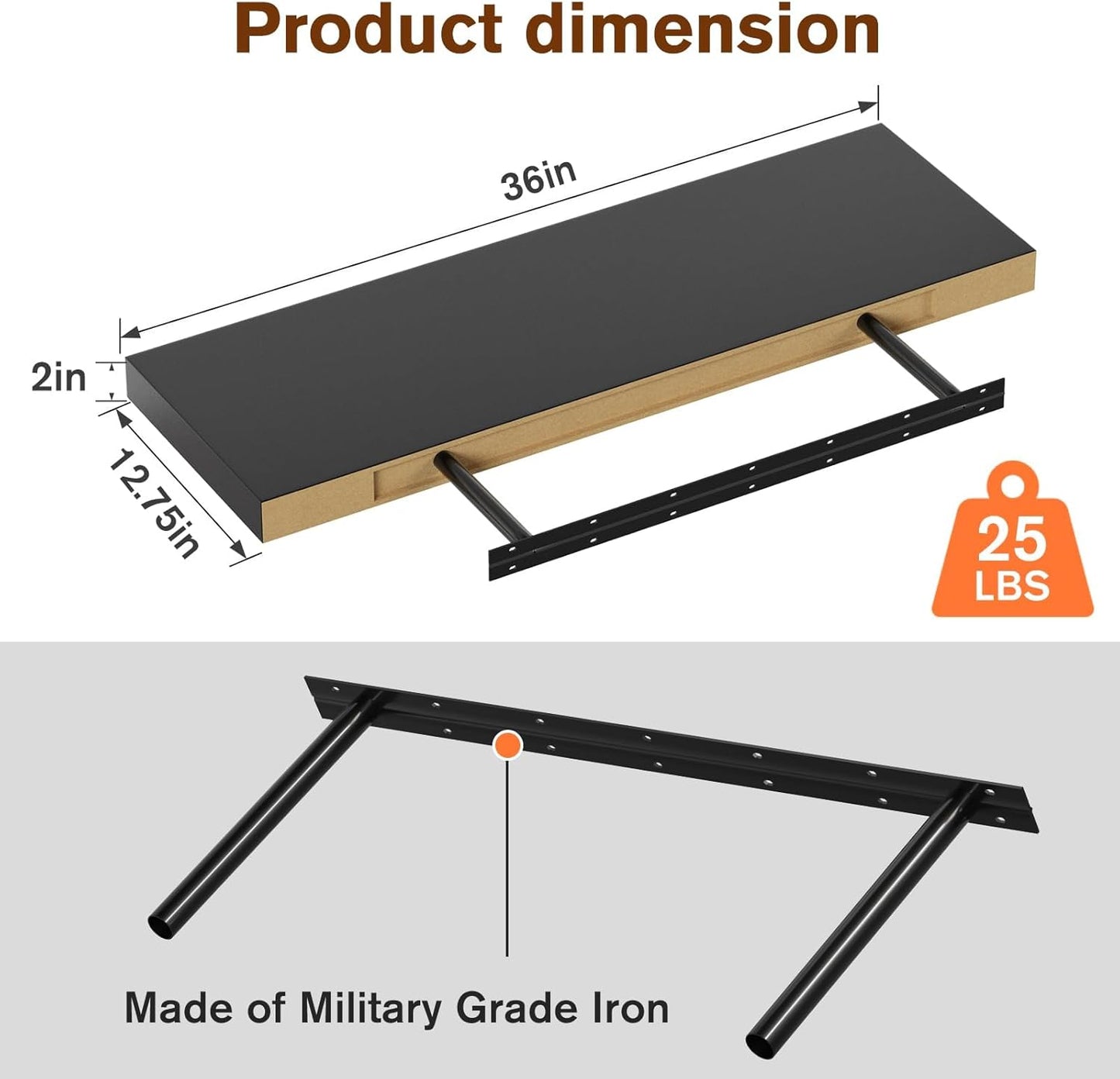 Floating Shelf, Set of 3 Wall Shelf, 36 in W x 12.75 in D x 2 in H Wooden Floating Wall Shelf with Invisible Brackets for Living Room/Bedroom/Bathroom/Kitchen Storage and Decor, Black Wood