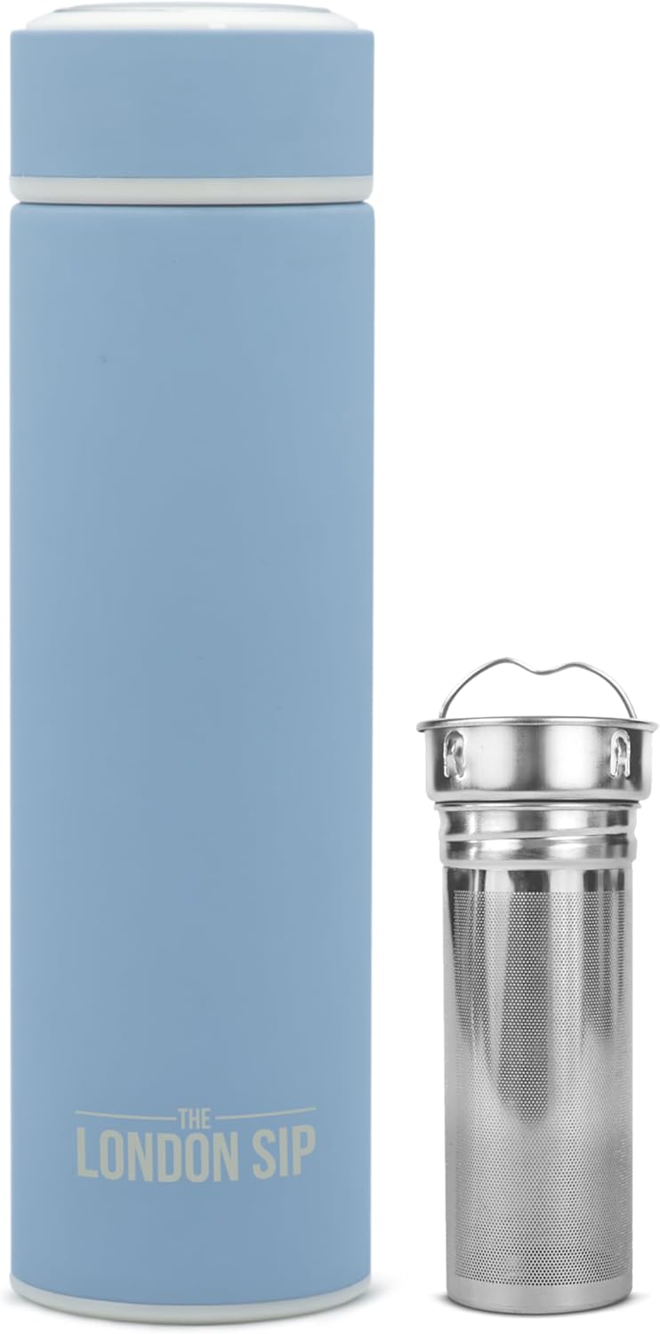 London Sip 16.9 oz Multi-Purpose Tea Infuser Mug – Fruit Infuser Water Bottle for Hot and Cold – Double Wall Stainless Steel Insulated, Blue Sunrise