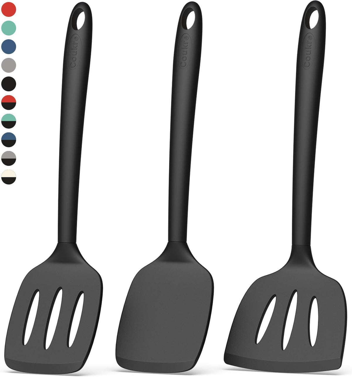 Coukre Silicone Spatula Set of 3, High Heat Resistant, BPA-Free, Kitchen Utensils, Fish Spatula, Solid & Slotted Turner for Non-Stick Pans, Flipping Eggs, Pancakes, Fish, Burgers (3, PureBlack)