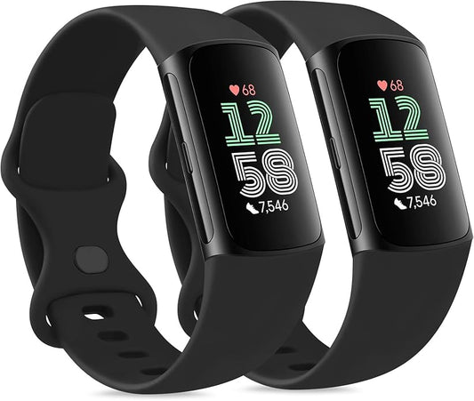 2 Pack Bands Compatible with Fitbit Charge 6 / Fitbit Charge 5 Bands for Women Men, Waterproof Classic Soft Sports Replacement Wristbands